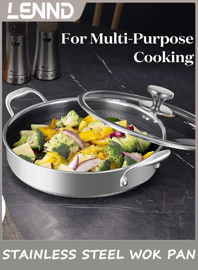 LENND Stainless Steel Wok pan, 32CM Hybrid Woks & Stir-fry Pans, Nonstick Cookware with Lid, Deep Frying Pan, Large Kadai Skillet, Saute Pan, Cooking Pot Compatible with All Cooktops, Dishwasher Safe - Image 2